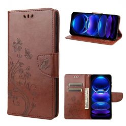 Lacné Kryty | Peňaženkové puzdro Embossing Pattern Motýľ a kvet hnedé – Xiaomi Redmi Note 12 Pro | Lacné Kryty