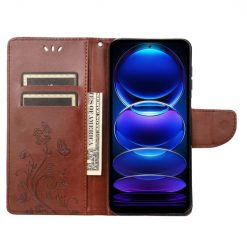 Lacné Kryty | Peňaženkové puzdro Embossing Pattern Motýľ a kvet hnedé – Xiaomi Redmi Note 12 Pro | Lacné Kryty