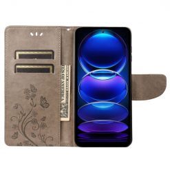 Lacné Kryty | Peňaženkové puzdro Embossing Pattern Motýľ a kvet sivé – Xiaomi Redmi Note 12 Pro | Lacné Kryty