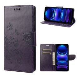 Peňaženkové puzdro Embossing Pattern Motýľ a kvet tmavofialové – Xiaomi Redmi Note 12 5G | Lacné Kryty Lacné Kryty | Peňaženkové puzdro Embossing Pattern Motýľ a kvet tmavofialové – Xiaomi Redmi Note 12 5G | Lacné Kryty