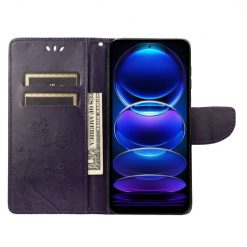 Lacné Kryty | Peňaženkové puzdro Embossing Pattern Motýľ a kvet tmavofialové – Xiaomi Redmi Note 12 Pro | Lacné Kryty