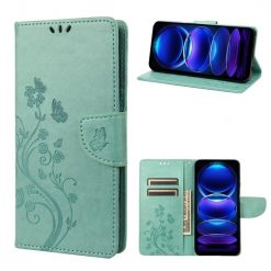 Lacné Kryty | Peňaženkové puzdro Embossing Pattern Motýľ a kvet zelené – Xiaomi Redmi Note 12 Pro | Lacné Kryty