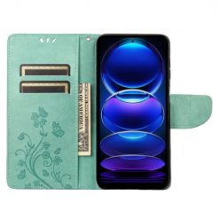 Lacné Kryty | Peňaženkové puzdro Embossing Pattern Motýľ a kvet zelené – Xiaomi Redmi Note 12 Pro | Lacné Kryty