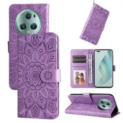 Lacné Kryty | Peňaženkové puzdro Embossing Pattern Slnečnica fialové – Honor Magic 5 Pro 5G | Lacné Kryty