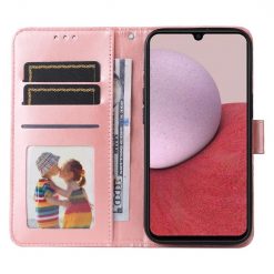 Lacné Kryty | Peňaženkové puzdro Embossing Pattern Slnečnica ružové – Samsung Galaxy A14 4G/5G | Lacné Kryty