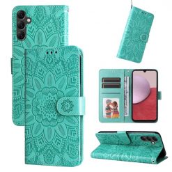 Lacné Kryty | Peňaženkové puzdro Embossing Pattern Slnečnica zelené – Samsung Galaxy A14 4G/5G | Lacné Kryty