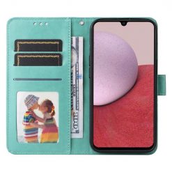 Lacné Kryty | Peňaženkové puzdro Embossing Pattern Slnečnica zelené – Samsung Galaxy A14 4G/5G | Lacné Kryty