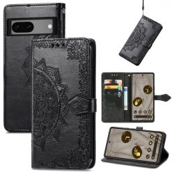 Lacné Kryty | Peňaženkové puzdro Embossing Pattern Mandala Flower čierne – Google Pixel 7a 5G | Lacné Kryty