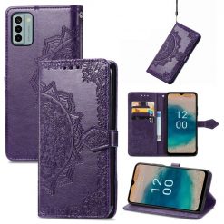 Lacné Kryty | Peňaženkové puzdro Embossing Pattern Mandala Flower fialové – Nokia G22 | Lacné Kryty