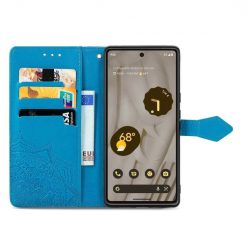 Lacné Kryty | Peňaženkové puzdro Embossing Pattern Mandala Flower modré – Google Pixel 7a 5G | Lacné Kryty