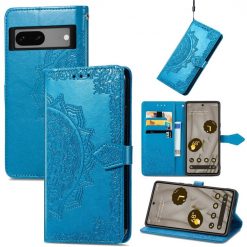 Lacné Kryty | Peňaženkové puzdro Embossing Pattern Mandala Flower modré – Google Pixel 7a 5G | Lacné Kryty