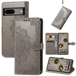 Lacné Kryty | Peňaženkové puzdro Embossing Pattern Mandala Flower sivé – Google Pixel 7a 5G | Lacné Kryty
