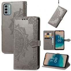Lacné Kryty | Peňaženkové puzdro Embossing Pattern Mandala Flower sivé – Nokia G22 | Lacné Kryty
