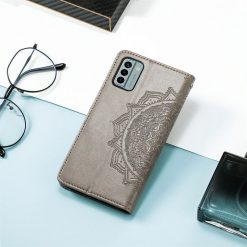 Lacné Kryty | Peňaženkové puzdro Embossing Pattern Mandala Flower sivé – Nokia G22 | Lacné Kryty