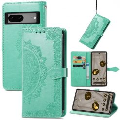 Lacné Kryty | Peňaženkové puzdro Embossing Pattern Mandala Flower zelené – Google Pixel 7a 5G | Lacné Kryty