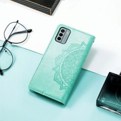 Lacné Kryty | Peňaženkové puzdro Embossing Pattern Mandala Flower zelené – Nokia G22 | Lacné Kryty