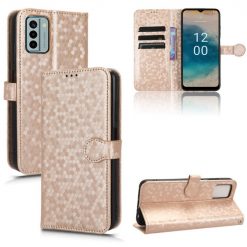 Lacné Kryty | Peňaženkové puzdro Honeycomb Dot Texture Case zlaté – Nokia G22 | Lacné Kryty