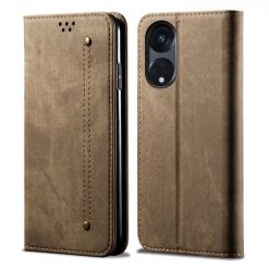 Peňaženkové puzdro Denim Texture svetlohnedé – Oppo A98 5G | Lacné Kryty Lacné Kryty | Peňaženkové puzdro Denim Texture svetlohnedé – Oppo A98 5G | Lacné Kryty