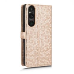 Lacné Kryty | Peňaženkové puzdro Honeycomb Dot Texture Case zlaté – Sony Xperia 1 V | Lacné Kryty
