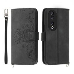 Lacné Kryty | Peňaženkové puzdro Embossing Pattern Flowery Mandala čierne – Honor 90 | Lacné Kryty