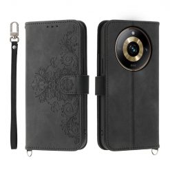Lacné Kryty | Peňaženkové puzdro Embossing Pattern Flowery Mandala čierne – Realme 11 Pro / 11 Pro+ | Lacné Kryty
