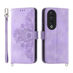 Lacné Kryty | Peňaženkové puzdro Embossing Pattern Flowery Mandala fialové – Honor 90 | Lacné Kryty