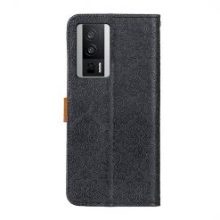 Lacné Kryty | Peňaženkové puzdro Embossing Pattern Kvety čierne – Xiaomi Poco F5 Pro | Lacné Kryty