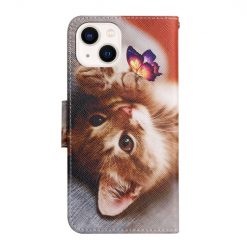 Lacné Kryty | Knižkové puzdro Trendy Cross case Mačka a motýľ – Apple iPhone 15 Plus | Lacné Kryty