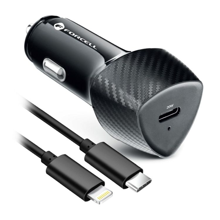 Nabíjačka do auta Forcell Carbon car charger USB-C 3.0 PD20W CC50-1C čierna + kábel pre iPhone Lightning 8-pin PD20W