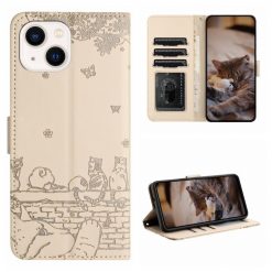 Lacné Kryty | Peňaženkové puzdro Embossing Pattern Mačky béžové – Apple iPhone 15 Plus | Lacné Kryty