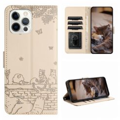 Lacné Kryty | Peňaženkové puzdro Embossing Pattern Mačky béžové – Apple iPhone 15 Pro Max | Lacné Kryty