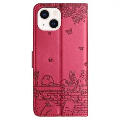 Lacné Kryty | Peňaženkové puzdro Embossing Pattern Mačky červené – Apple iPhone 15 Plus | Lacné Kryty