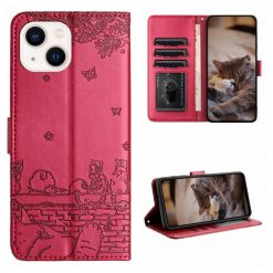 Lacné Kryty | Peňaženkové puzdro Embossing Pattern Mačky červené – Apple iPhone 15 Plus | Lacné Kryty