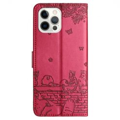 Lacné Kryty | Peňaženkové puzdro Embossing Pattern Mačky červené – Apple iPhone 15 Pro | Lacné Kryty