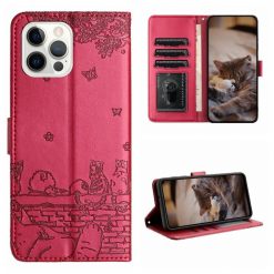 Lacné Kryty | Peňaženkové puzdro Embossing Pattern Mačky červené – Apple iPhone 15 Pro Max | Lacné Kryty