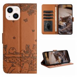 Lacné Kryty | Peňaženkové puzdro Embossing Pattern Mačky hnedé – Apple iPhone 15 | Lacné Kryty