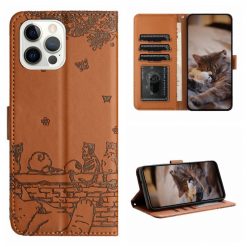 Lacné Kryty | Peňaženkové puzdro Embossing Pattern Mačky hnedé – Apple iPhone 15 Pro | Lacné Kryty