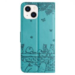 Lacné Kryty | Peňaženkové puzdro Embossing Pattern Mačky modré – Apple iPhone 15 Plus | Lacné Kryty