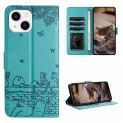 Lacné Kryty | Peňaženkové puzdro Embossing Pattern Mačky modré – Apple iPhone 15 Plus | Lacné Kryty