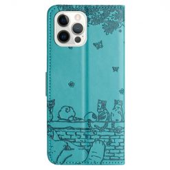 Lacné Kryty | Peňaženkové puzdro Embossing Pattern Mačky modré – Apple iPhone 15 Pro | Lacné Kryty