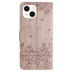 Lacné Kryty | Peňaženkové puzdro Embossing Pattern Mačky sivé – Apple iPhone 15 Plus | Lacné Kryty