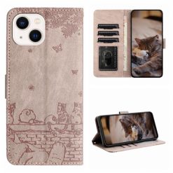 Lacné Kryty | Peňaženkové puzdro Embossing Pattern Mačky sivé – Apple iPhone 15 Plus | Lacné Kryty