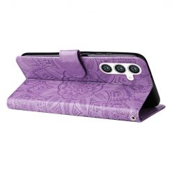 Lacné Kryty | Peňaženkové puzdro Embossing Pattern Slnečnica fialové – Samsung Galaxy S23 FE | Lacné Kryty
