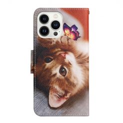 Lacné Kryty | Knižkové puzdro Trendy Cross case Mačka a motýľ – Apple iPhone 15 Pro Max | Lacné Kryty