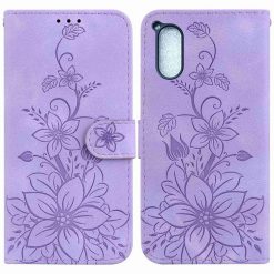 Lacné Kryty | Peňaženkové puzdro Embossing Pattern Ľalia fialové – Sony Xperia 5 V | Lacné Kryty