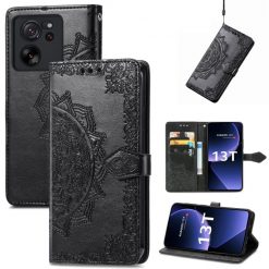 Lacné Kryty | Peňaženkové puzdro Embossing Pattern Mandala Flower čierne – Xiaomi 13T / 13T Pro | Lacné Kryty