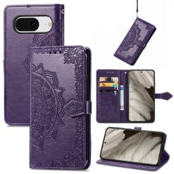 Lacné Kryty | Peňaženkové puzdro Embossing Pattern Mandala Flower fialové – Google Pixel 8 | Lacné Kryty