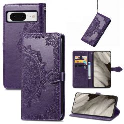 Lacné Kryty | Peňaženkové puzdro Embossing Pattern Mandala Flower fialové – Google Pixel 8 Pro | Lacné Kryty