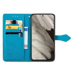 Lacné Kryty | Peňaženkové puzdro Embossing Pattern Mandala Flower modré – Google Pixel 8 | Lacné Kryty