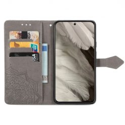 Lacné Kryty | Peňaženkové puzdro Embossing Pattern Mandala Flower sivé – Google Pixel 8 | Lacné Kryty